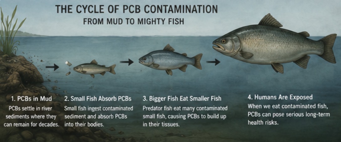 Cycle of PCB contamination from river sediment to fish and human consumption