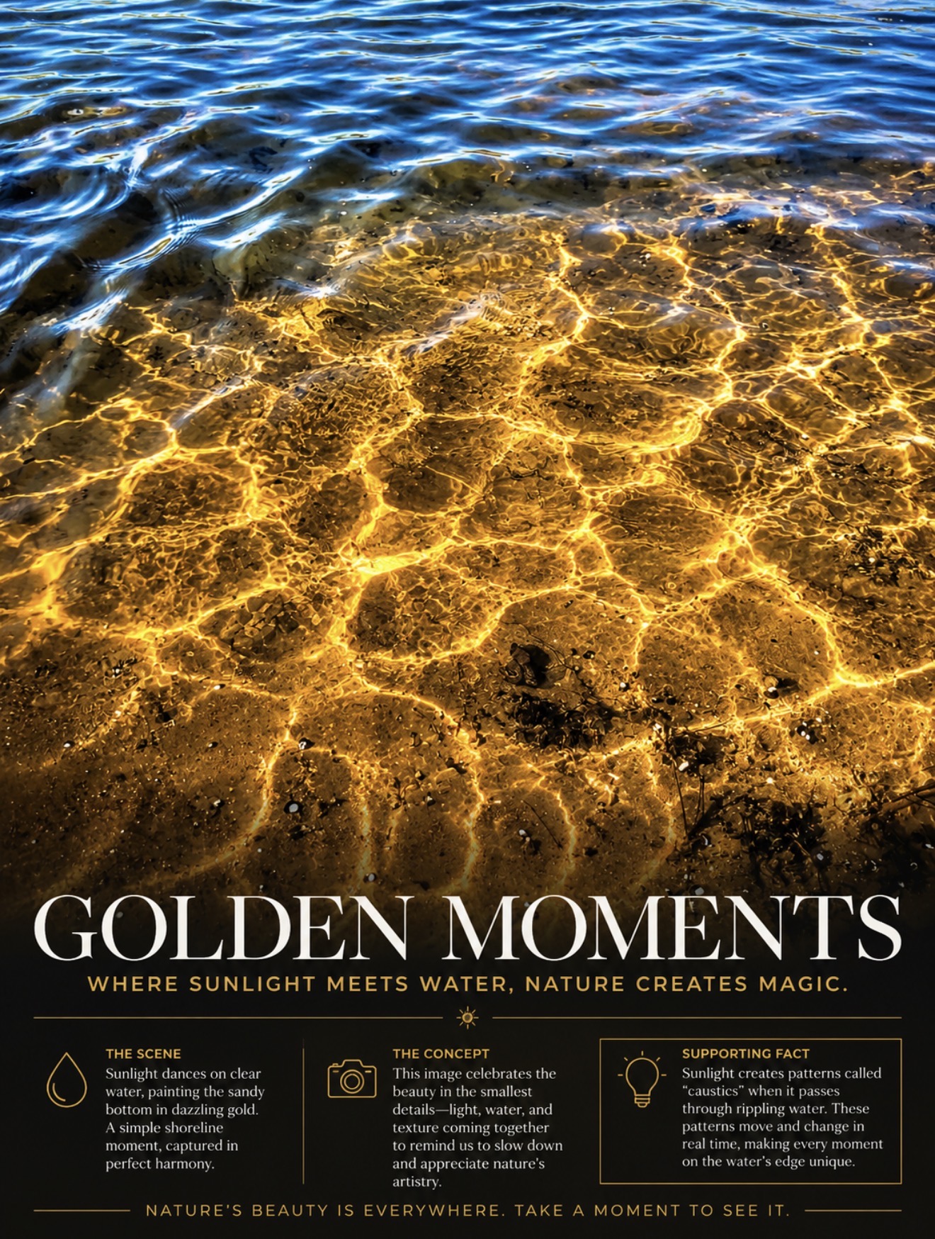 Golden sunlight reflecting through shallow river water
